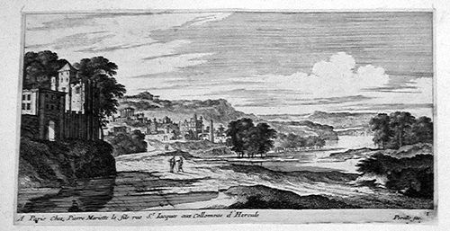 Landschaft mit zwei Wanderern vor einer Stadt