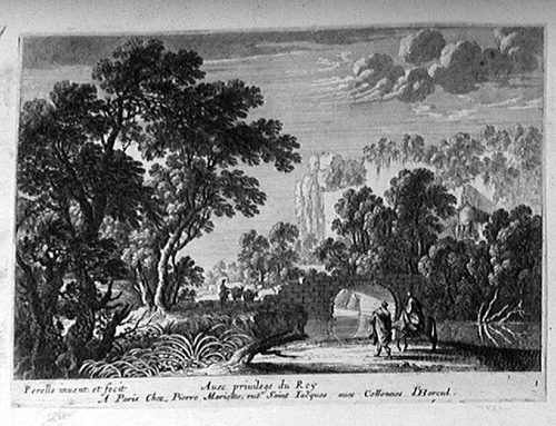 Landschaft mit zwei Wanderern bei der Brücke