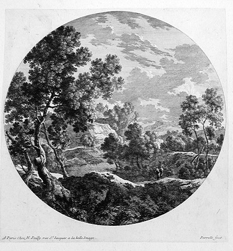 Landschaft mit zwei Wanderern und einem großen Baum
