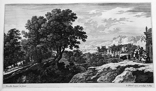 Landschaft mit Wanderern bei einem Schloß