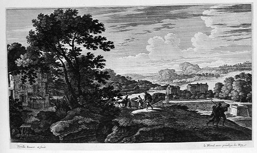 Landschaft mit Wanderern bei einer Festung