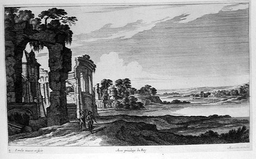 Landschaft mit zwei Wanderern und einer Ruine