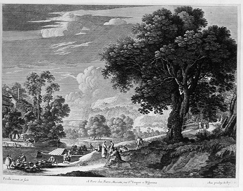 Landschaft mit einem großen Baum und der Auslade der Fässer