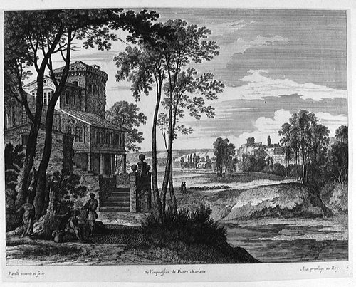 Landschaft mit einem großen Haus am Ufer