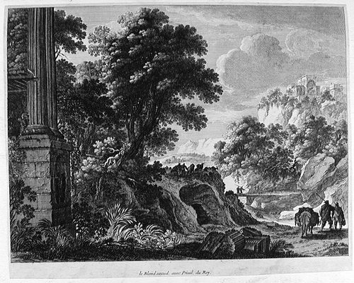 Waldlandschaft mit einer Ruine und Wanderern