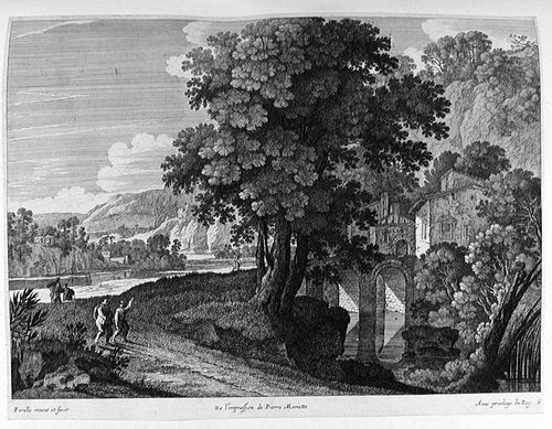 Landschaft mit einem großen Baum und Wanderern