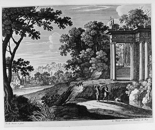 Landschaft mit einer Ruine, zwei Wanderern und einem Hund