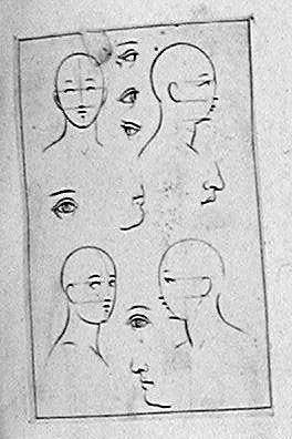 Vier Kopfstudien mit Augen, Nasen und Ohren