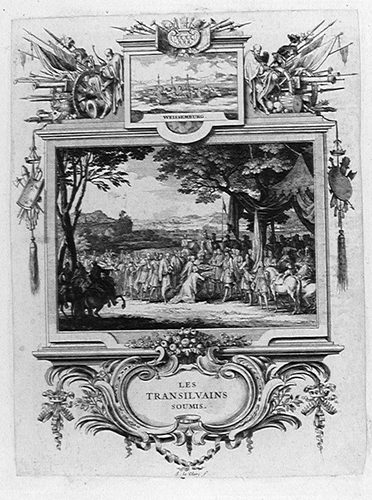 Ansicht von Belgrad mit besiegten Osmanen bei der Übergabe der Stadtschlüssel (1688)